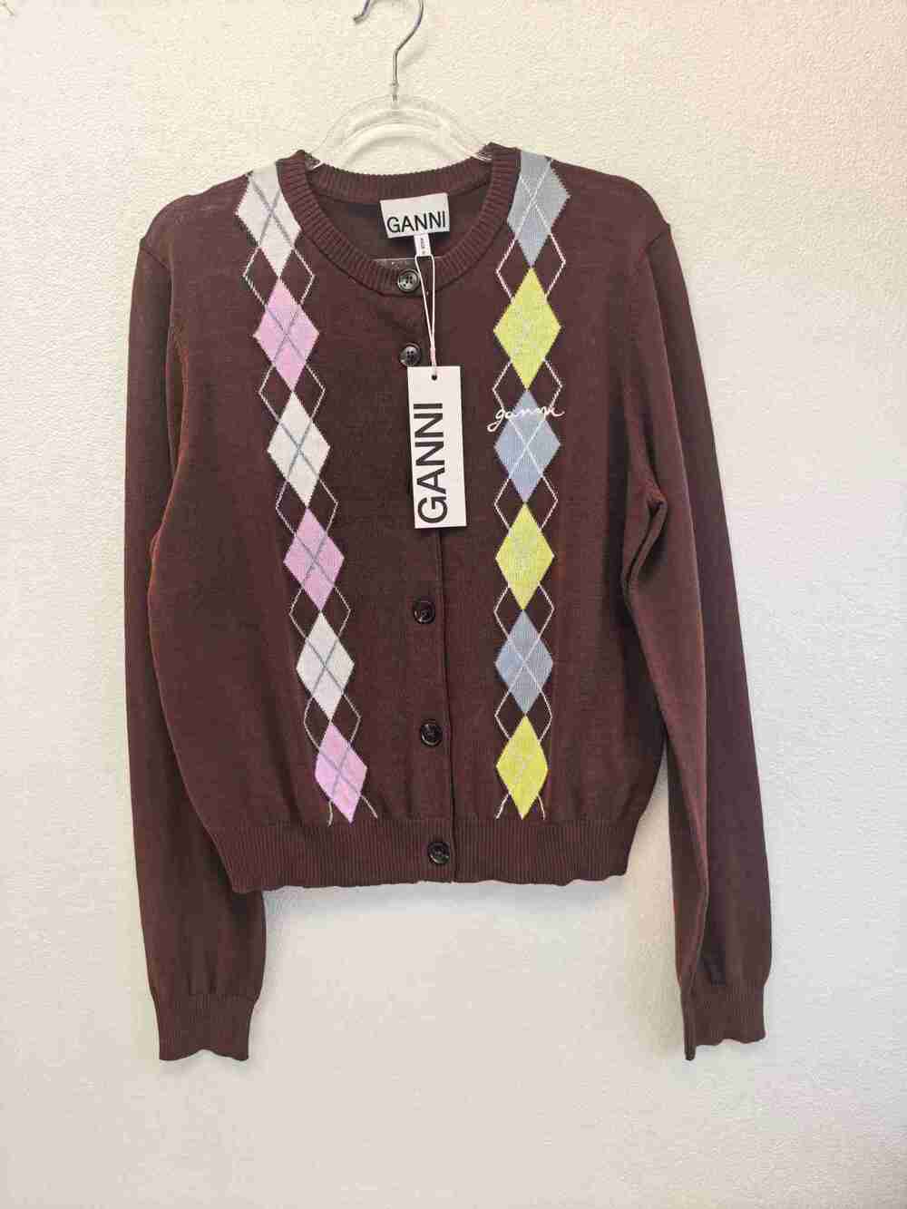 GANNI Brown Multicolor Argyle Cropped Knit Cardigan